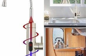 PEARL GmbH: Rosenstein & Söhne 2in1-Edelstahl-Armatur & Durchlauferhitzer, LED-Display, 60 °C, 1/2": Überall heißes Wasser aus dem Hahn zapfen - ohne Warmwasseranschluss