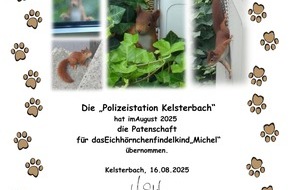 Polizeipräsidium Südhessen: POL-DA: Kelsterbach: Polizei übernimmt Patenschaft für Eichhörnchen-Bub "Michel"