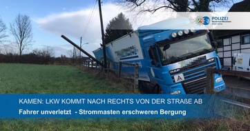 Kreispolizeibehörde Unna: POL-UN: Kamen - Verkehrsunfall - LKW kommt von der Straße ab und beschädigt Strommasten