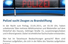 Polizeidirektion Hannover: POL-H: Zeugenaufruf!
Unbekannte setzen mehrere Müllcontainer und Motorroller in Brand