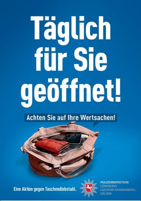 POL-LG: ++ &quot;Alle 11 Minuten verliebt sich ein Dieb in Ihre Tasche&quot; ++ Polizei warnt vor Taschendiebstählen unterwegs und beim Einkauf ++ Plakatkampagne ++ Infos &amp; Präsenz am 08.11.25 beim LGer Wochenmarkt