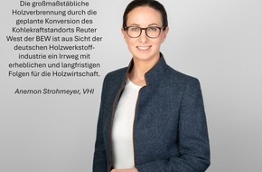 Verband der Deutschen Holzwerkstoffindustrie e.V. (VHI): Pressemitteilung: Die gro&szlig;ma&szlig;st&auml;bliche Holzverbrennung durch die geplante Konversion des Kohlekraftstandorts Reuter West der landeseigenen Berliner Energie und W&auml;rme GmBH (BEW) ist aus ...