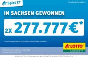 S&auml;chsische Lotto-GmbH: Dreifaches Lotto-Gl&uuml;ck: Zweimal 277.777 Euro und 100.000 Euro in Sachsen gewonnen