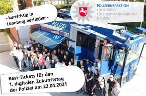 Polizeiinspektion Lüneburg/Lüchow-Dannenberg/Uelzen: POL-LG: ++ erster digitaler Zukunftstag in der Niedersächsischen Polizei am 22.04.21 ++ noch Rest-Tickets vorhanden ++ Kurzentschlossene können die Zugangsslots nach dem "Windhundprinzip" ...