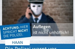 Polizei Mettmann: POL-ME: Aktuell: Die Polizei warnt vor Betrügern am Telefon - Haan - 2309022