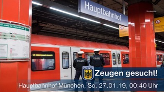 Bundespolizeidirektion München: Bundespolizeidirektion München: Zeugen einer Körperverletzung gesucht -
Hauptbahnhof München - So. 27.01., 00:40 Uhr