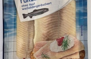 KRONE GMBH: Wichtige Verbraucherinformation / ja! Forellenfilets ohne Haut, wacholdergeräuchert, aufgetaut, 125 g, Verbrauchsdatum 21.08.2021 mit der Lot.-Nr. 0121290703A