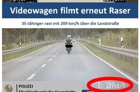 Polizeiinspektion Neubrandenburg: POL-NB: Erschreckende Messungen mit dem Videowagen - Motorradfahrer mit 209 km/h gemessen