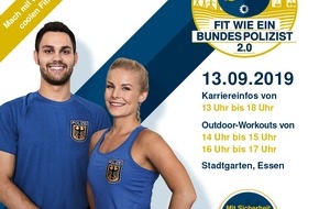 Bundespolizeidirektion Sankt Augustin: BPOL NRW: "Fit wie ein Bundespolizist 2.0" - Bundespolizei führt zum ersten Mal Live-Workouts im Essener Stadtgarten durch - Einladung an Interessierte für eine Karriere bei der Bundespolizei