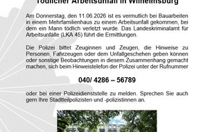 Polizei Hamburg: POL-HH: 260716-1. T&ouml;dlicher Arbeitsunfall in Hamburg-Wilhelmsburg und Auffinden eines Leichnams in Hamburg-Rissen - Zeugenaufruf