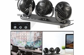 PEARL GmbH: Angenehme Luftzirkulation im Auto an Sommertagen: Lescars Kfz-Dreifach-Ventilator VT-80.car mit USB-Anschluss, 3 Stufen, 360° verstellbar