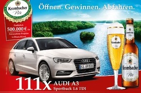 Krombacher Brauerei GmbH & Co.: "Öffnen. Gewinnen. Abfahren." - Krombacher Kronkorkenaktion 2015 mit attraktiven 111 Audi A3 Sportback