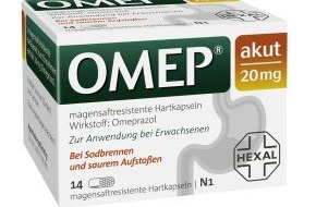 Hexal AG: Ein starker Wirkstoff bremst die Magensäure / Jetzt rezeptfrei: OMEP® akut 20 mg macht Schluss mit Sodbrennen