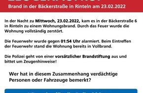 Polizeiinspektion Nienburg / Schaumburg: POL-NI: Rinteln - Zeugenaufruf nach vorsätzlicher Brandstiftung in der Bäckerstraße am 23.02.2022