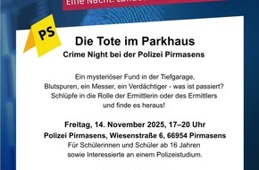 Polizeidirektion Pirmasens: POL-PDPS: Zweite landesweite "Crime Night" der Polizei Rheinland-Pfalz am 14. November 2025