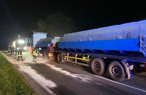 Polizeidirektion Wittlich: POL-PDWIL: Aufgerissener Dieseltank an LKW, B53 bei Kröv mehrere Stunden gesperrt