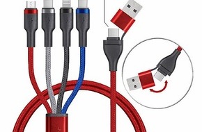 PEARL GmbH: All-in-One 4-Port-Kabel: Callstel 8in1-Lade-/Datenkabel USB-C/A zu USB-C/Micro-USB/Lightning 60 Watt