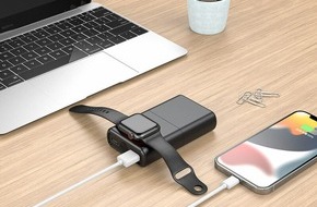 PEARL GmbH: revolt 3in1-Wireless-Powerbank für iPhone & Apple Watch PB-180, USB-C PD, 10Ah, 22,5 Watt: Lädt Geräte kabellos per Induktion - auch für die Apple Watch geeignet