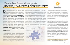 SonnenAllianz: Die SonnenAllianz ruft den deutschen Journalistenpreis zum Thema "Sonne, UV-Licht & Gesundheit" ins Leben