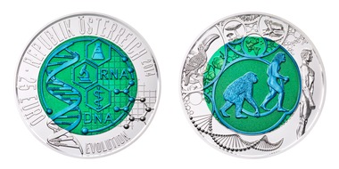 Münze Österreich AG: MÜNZE ÖSTERREICH AG präsentiert Weltneuheit: zweifärbige Niob-Münze "Evolution" - Neue Technologie aus Österreich macht Welt der Münzen bunter