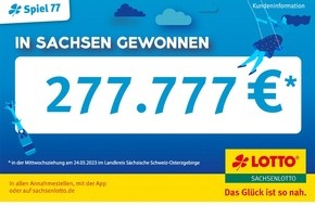 Sächsische Lotto-GmbH: Lottoglück im Landkreis Sächsische Schweiz-Osterzgebirge: Lottospieler gewinnt 277.777 Euro