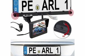 PEARL GmbH: Lescars Funk-HD-Rückfahrkamera PA-570 in Nummernschildhalter, Monitor, Abstandswarner: Nach hinten alles im Blick - dank 170°-Bildwinkel und extra-großem Display
