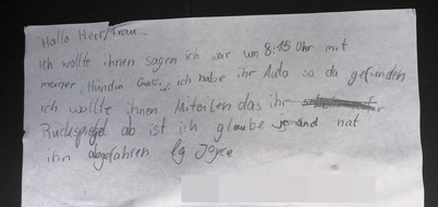 Polizei Coesfeld: POL-COE: Ascheberg, Rheinsbergring/ Elfjährige entdeckt beschädigtes Auto und macht sich auf die Suche nach der Halterin