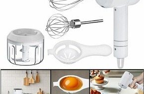 PEARL GmbH: Vielseitig, kompakt und kabellos: Rosenstein & Söhne 3in1-Akku-Handmixer, Zerkleinerer und Schneebesen, USB, 20 Watt