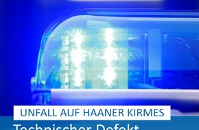 Polizei Mettmann: POL-ME: Unfall auf der Haaner Kirmes: Technischer Defekt an Gondel des Fahrgeschäfts festgestellt - Ermittlungen dauern an - Haan - 2209126