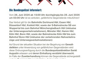 Bundespolizeidirektion Sankt Augustin: BPOL NRW: Sicherheit an Bahnh&ouml;fen Bundespolizei im Einsatz gegen Gewaltkriminalit&auml;t Allgemeinverf&uuml;gung zum Mitf&uuml;hrverbot von gef&auml;hrlichen Gegenst&auml;nden an zahlreichen Bahnh&ouml;fen in NRW