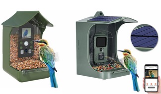 PEARL GmbH: Vögel füttern und dabei filmen, auch im Dunkeln - Zwei Futterhäuschen von VisorTech: mit Solarpanel und WLAN-Full-HD-Kamera sowie mit Full-HD-Kamera, PIR-Sensor & Nachtsicht