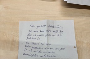 Kreispolizeibehörde Ennepe-Ruhr-Kreis: POL-EN: Herdecke: Zeugenaufruf - Verursacher hinterlässt Zettel an beschädigtem Auto