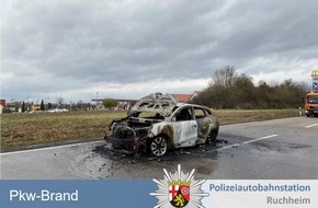 Polizeidirektion Neustadt/Weinstraße: POL-PDNW: Polizeiautobahnstation Ruchheim - Pkw Brand auf der A6 in der Ausfahrt Grünstadt