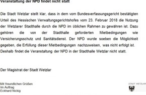 Polizeipräsidium Mittelhessen - Pressestelle Gießen: POL-GI: Pressemeldung vom 24.03.2018:

Wetzlar: Stadthalle bleibt geschlossen - Veranstaltung findet nicht statt