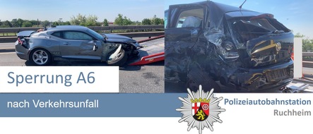 Polizeidirektion Neustadt/Weinstraße: POL-PDNW: Polizeiautobahnstation Ruchheim - Unfall mit Verletzten auf der A6 - Vollsperrung