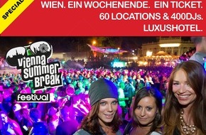 Agentur sicom WerbeGmbH: VIENNA SUMMERBREAK FESTIVAL: Ein Wochenende. Ein Ticket. 60 Locations. 400DJs. Luxushotel