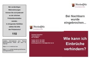 Polizeipräsidium Mainz: POL-PPMZ: Mainz-Innenstadt; Präventionstag der Mainzer Polizei gegen Wohnungseinbrüche am Montag dem 25.03.2024