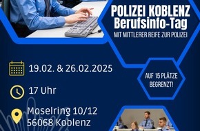 Polizeipräsidium Koblenz: POL-PPKO: Berufsinfo-Tag bei der Polizei Koblenz: Letzte Plätze sichern!