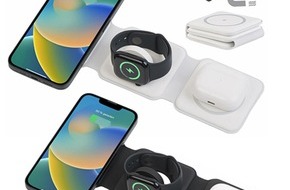 PEARL GmbH: iPhone, Apple Watch und AirPods gleichzeitig kabellos aufladen: Callstel 3in1-Ladestation für iPhone, AirPods, Apple Watch, MagSafe- und Qi-kompatibel, weiss und schwarz