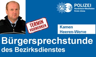 Kreispolizeibehörde Unna: POL-UN: Kamen - Bürgersprechstunde des Bezirksdienstes der Polizei im Stadtteilbüro Heeren-Werve