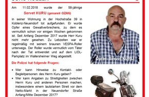 Polizeipräsidium Koblenz: POL-PPKO: Koblenz: Tötungsdelikt in Koblenz - Kripo richtet Soko "Roller" ein