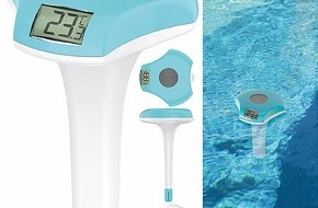 PEARL GmbH: Konstante Temperatur-Messung in Teich & Pool - völlig autark dank Solar: infactory Digitales Solar-Teich- & Poolthermometer PT-160, Akku, Solarpanel, LCD, IPX8