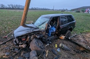 Freiwillige Feuerwehr Bedburg-Hau: FW-KLE: Verkehrsunfall: Range Rover prallt gegen Baum und Strommast