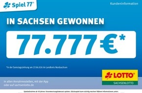 S&auml;chsische Lotto-GmbH: Erneut bei Spiel 77 gewonnen: 77.777 Euro gehen in den Landkreis Nordsachsen