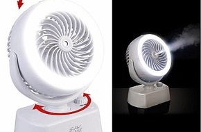 PEARL GmbH: Kühle Brise und Licht im Dunkeln: âSichler Haushaltsgeräte Akku-Tisch-Ventilator & Vernebler VT-26.T, Oszilation, LED-Ring, 1.200mAh