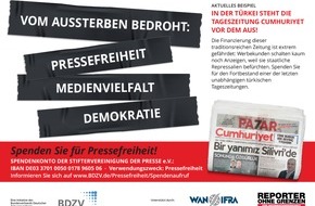 BDZV - Bundesverband Digitalpublisher und Zeitungsverleger e.V.: Zum Internationalen Tag der Pressefreiheit / Spendenaufruf für unabhängige türkische Tageszeitung "Cumhuriyet"