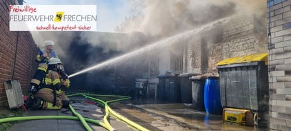 Feuerwehr Frechen: FW Frechen: Werkstattbrand in Frechen-Bachem - 12 Personen aus dem umliegenden Gebäude evakuiert