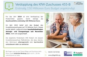 Verbund Pflegehilfe: Mehr Geld für Ihr altersgerechtes Zuhause: Mit 150 Millionen Euro eine Verdopplung des KfW-Zuschusses für Privathaushalte angekündigt
