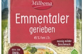 Lidl: Der Hersteller GOLDSTEIG Käsereien Bayerwald GmbH informiert über einen Warenrückruf des Produktes "Milbona Emmentaler gerieben, 250g"