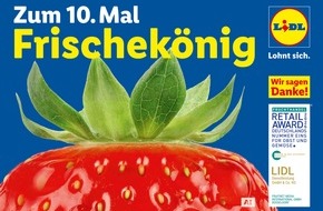 Lidl: Frischek&ouml;nig feiert Jubil&auml;um: Lidl gewinnt zum zehnten Mal den Retail Award / Verbraucher best&auml;tigen Lidl als Champion f&uuml;r Obst und Gem&uuml;se in der Kategorie Discount